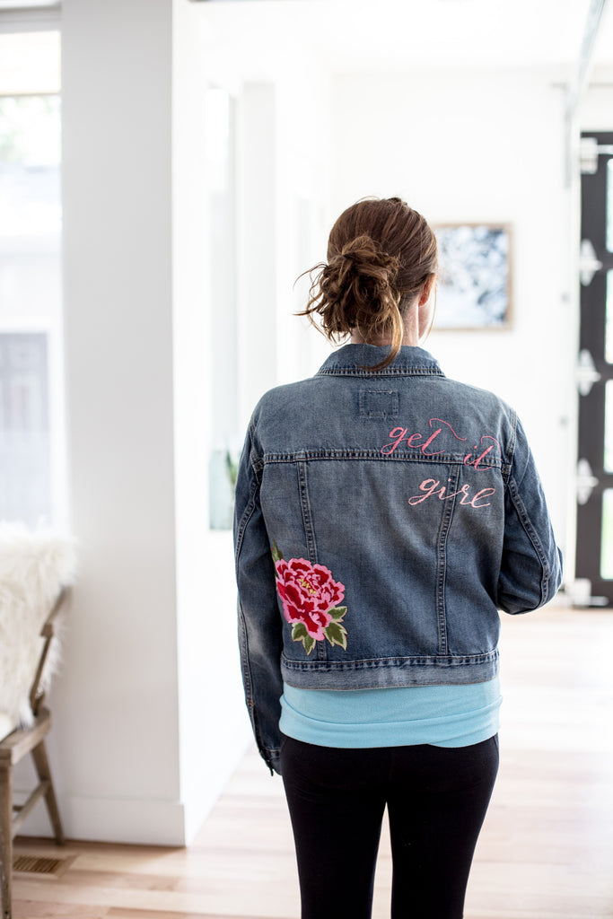 Tulle and denim jacket with floral embroidery