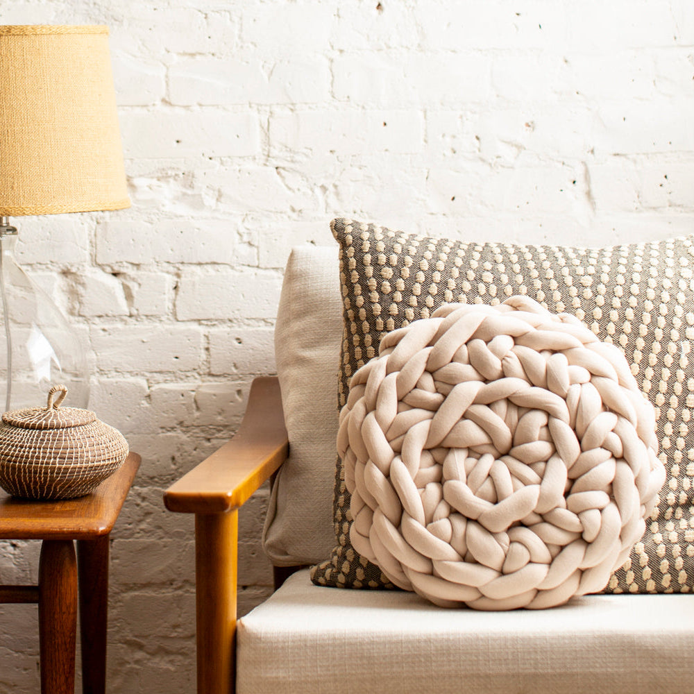Hand Crochet Round Throw Pillow on Chair