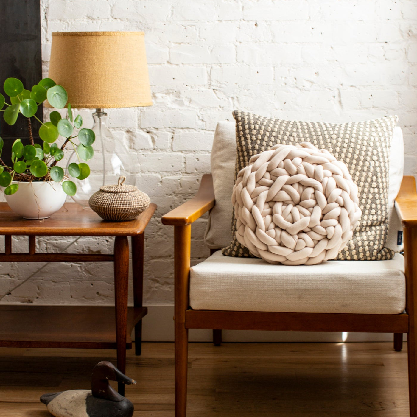 Hand Crochet Round Throw Pillow on Chair