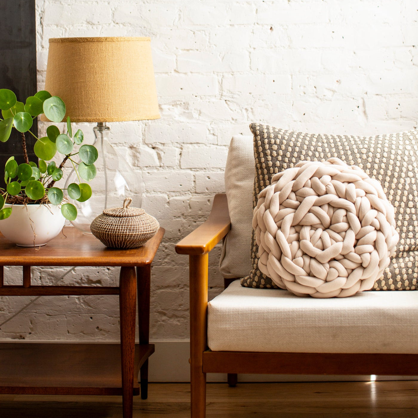 Hand Crochet Round Throw Pillow on Chair